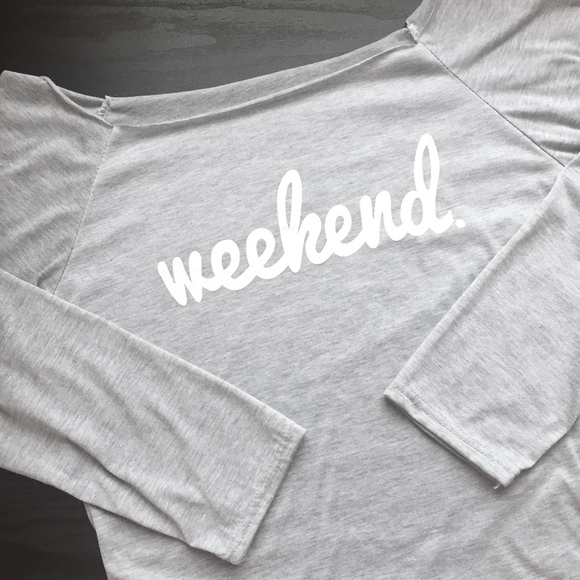 Tops - Raw Hem Off-The-Shoulder "Weekend" 3/4 Sleeve Tee